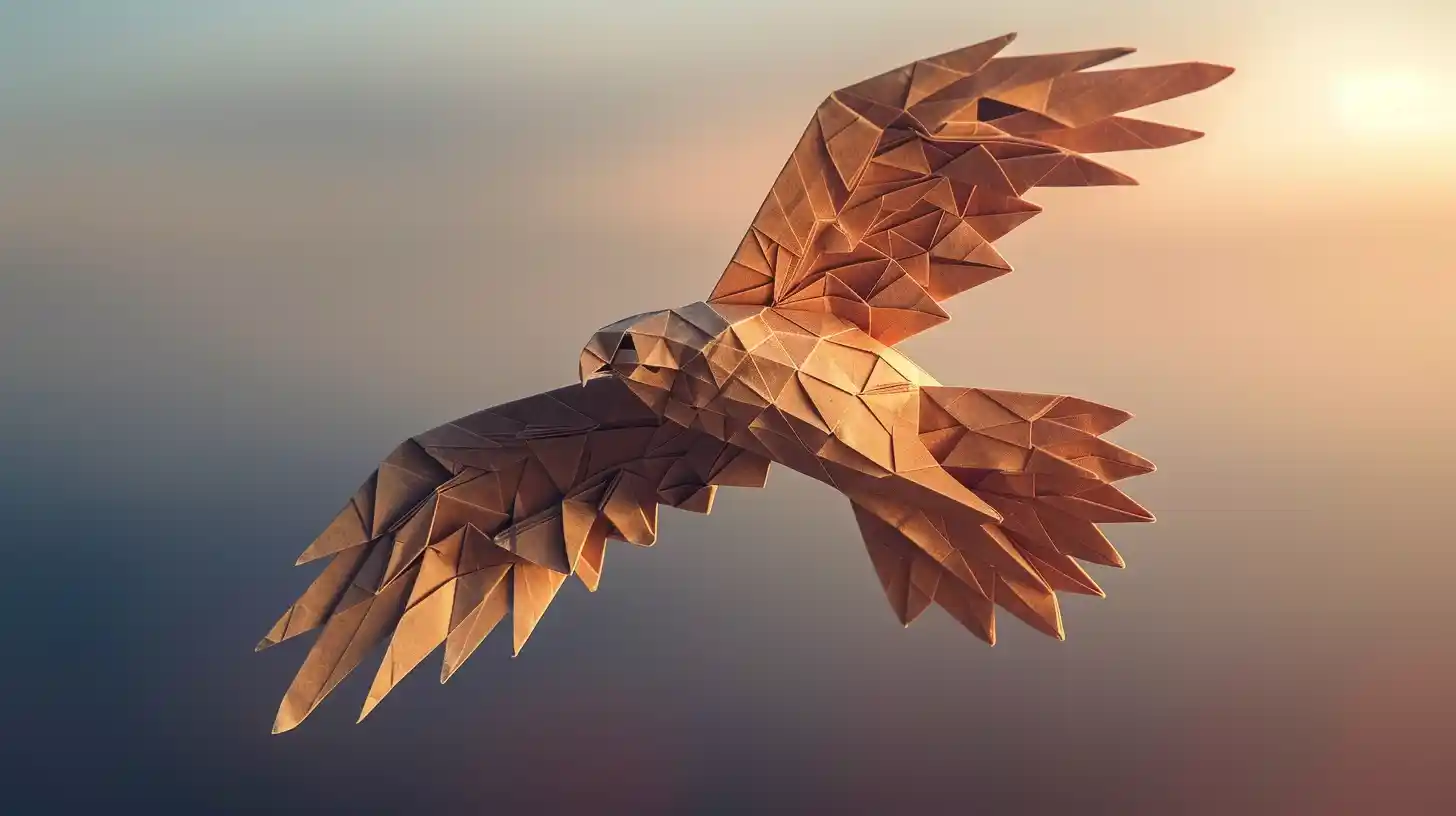 An origami falcon in flight, symbolizing the animal that leads and shows a person's visible movement through life.