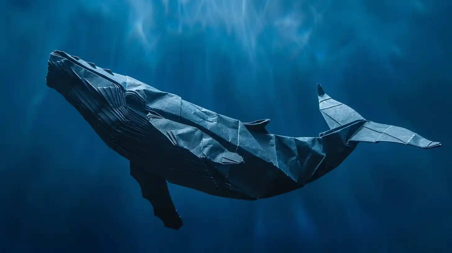 An origami humpback whale moving calmly underwater, symbolizing the relational animal, emotional depth, and the way someone loves.
