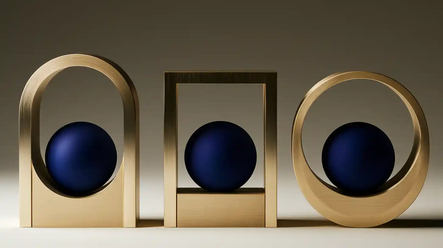 The same dark blue sphere placed inside three different metal frames, symbolizing one work function expressed through different career forms.