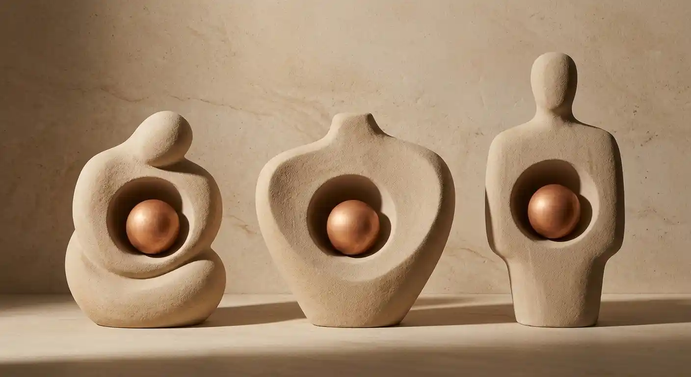 Three pale sculptural forms with identical copper cores, representing different roles shaped around the same inner identity.