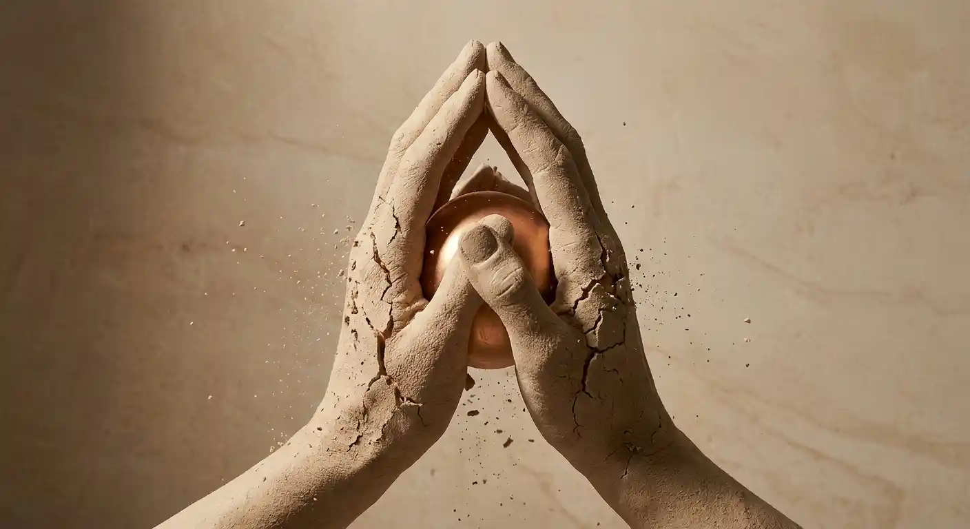 Clay hands cracking under pressure and revealing a smooth copper structure underneath.