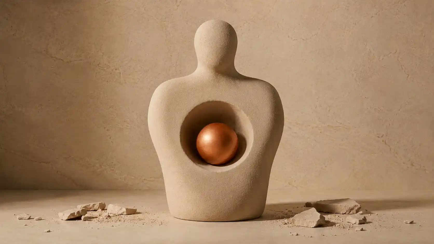 A pale human-like sculptural form holding a copper sphere in its center, with fallen fragments around it, symbolizing return to the inner core.
