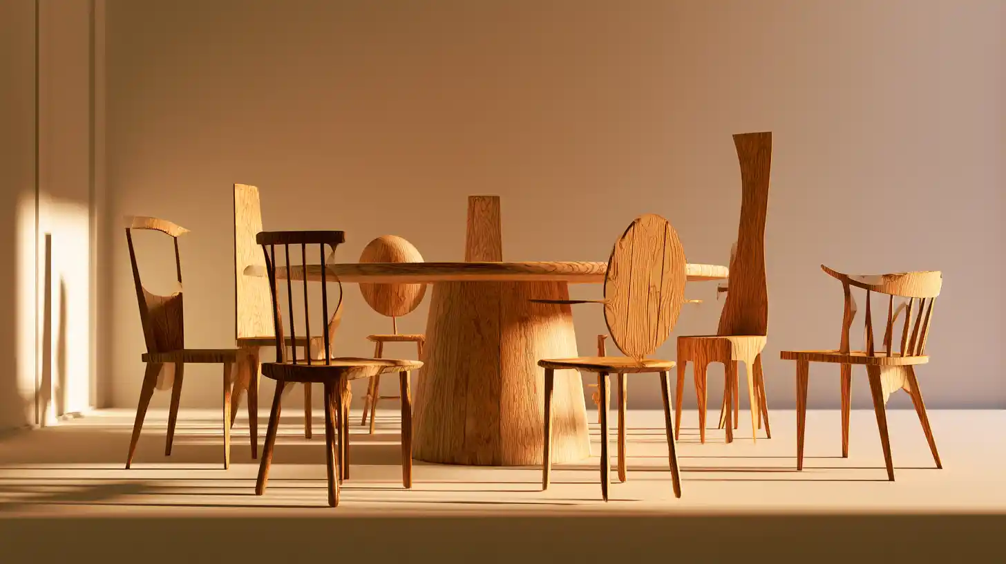 A family table surrounded by different wooden chairs, symbolizing the remembered places and roles within a family structure.
