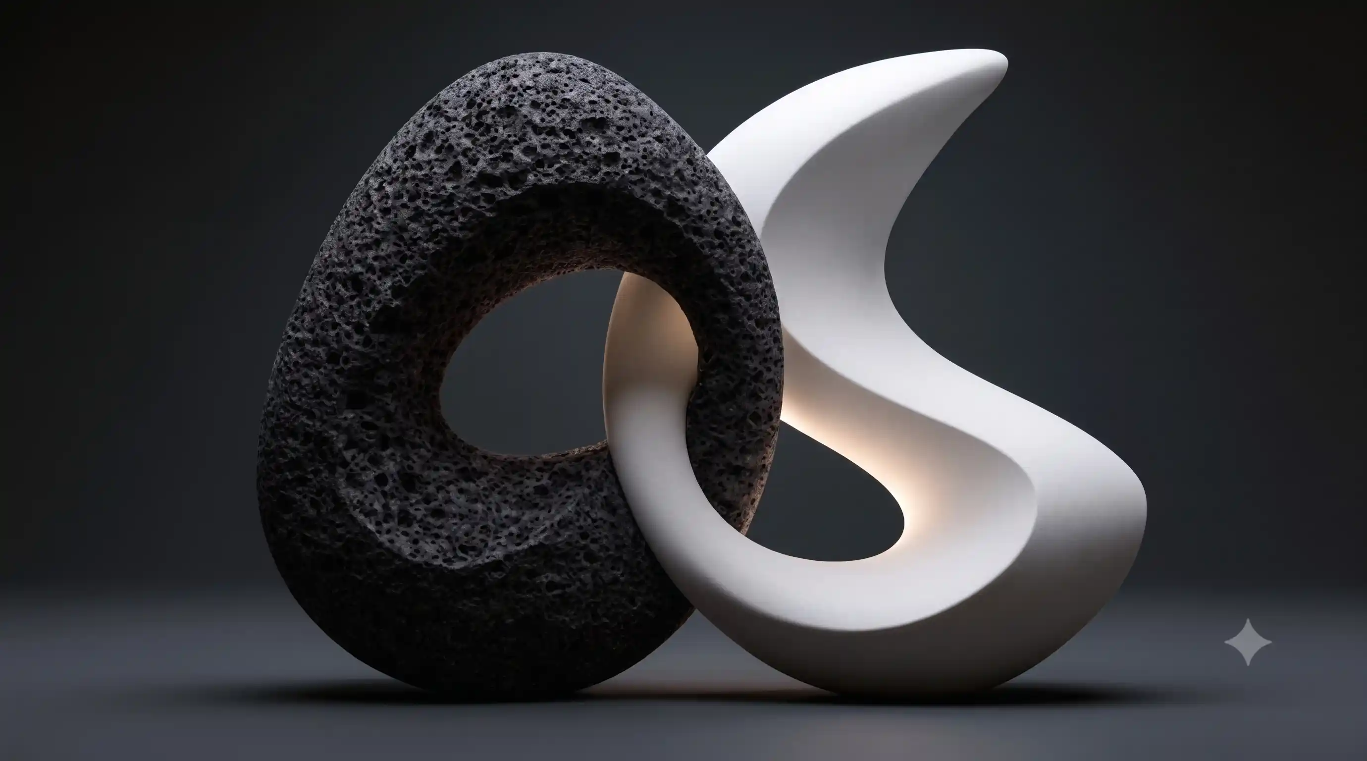 An abstract dark structure shaping a smooth lighter form, symbolizing a present reaction passing through an old protective pattern.