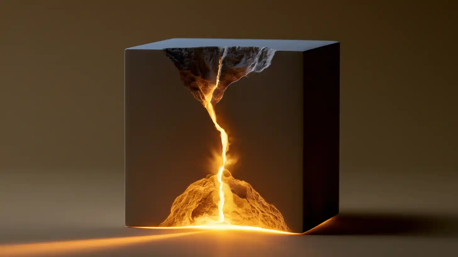 A rigid block with a narrow glowing crack, symbolizing the brief space of awareness before an automatic reaction takes over.