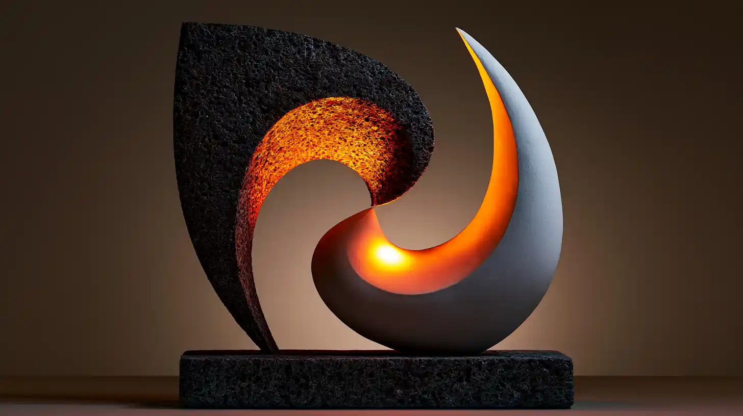 Two opposing sculptural forms balanced around a central brass axis, symbolizing the inner tension that organizes important decisions.