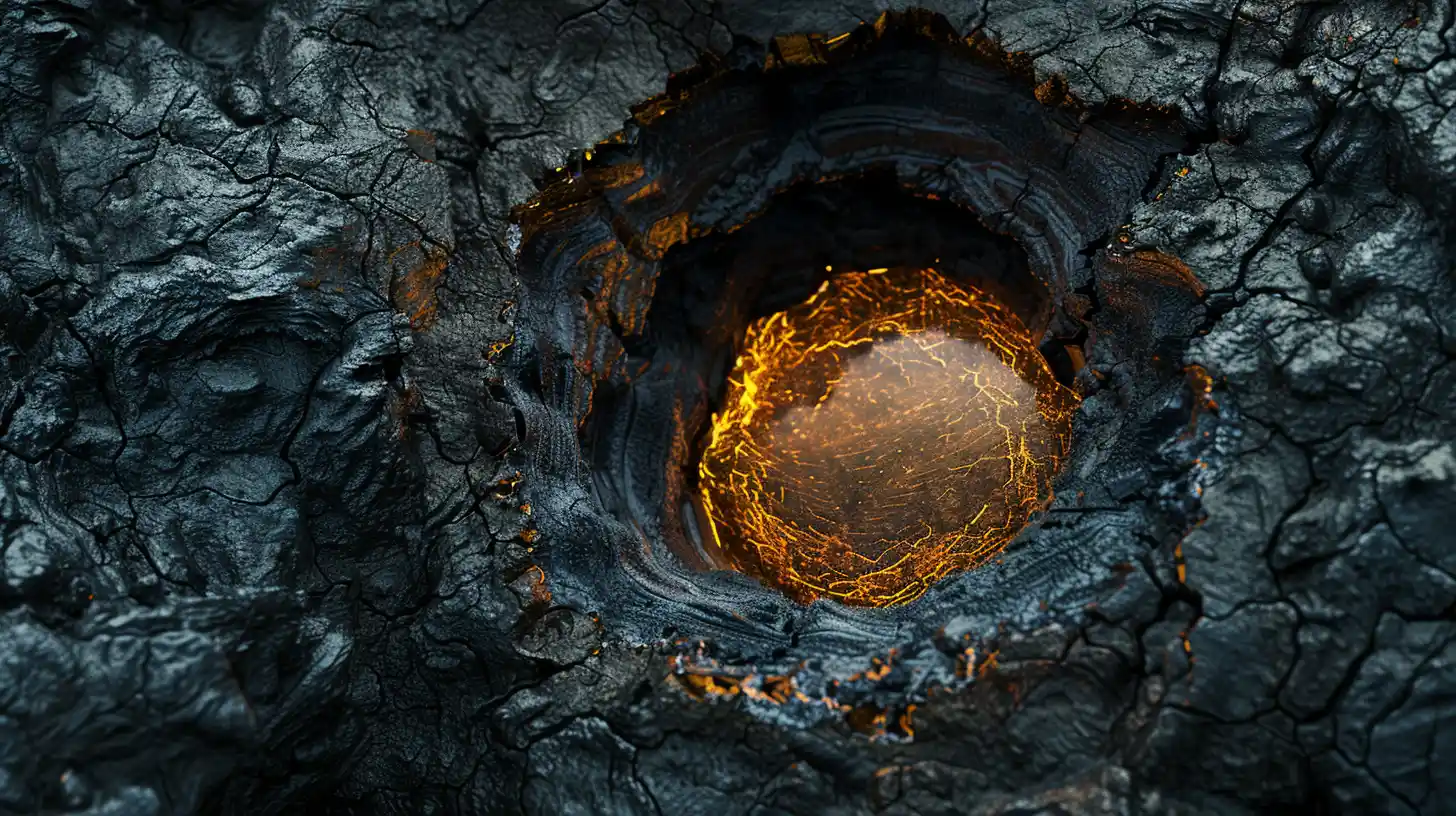 A close-up of a brass mechanism working inside a dark layered cavity, symbolizing the core process that organizes raw experience into resolution.