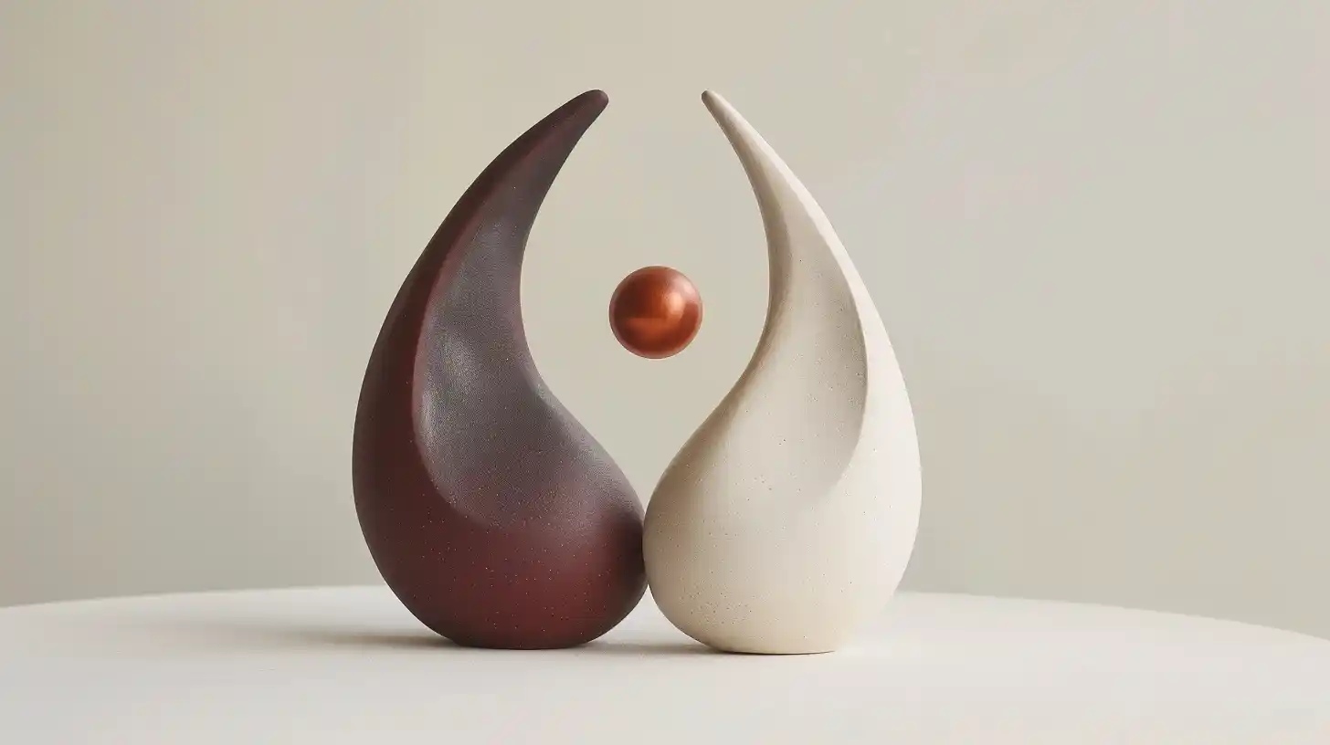 Two sculptural forms leaning toward each other with a copper sphere suspended between them, symbolizing the attraction visible at the beginning of a relationship.