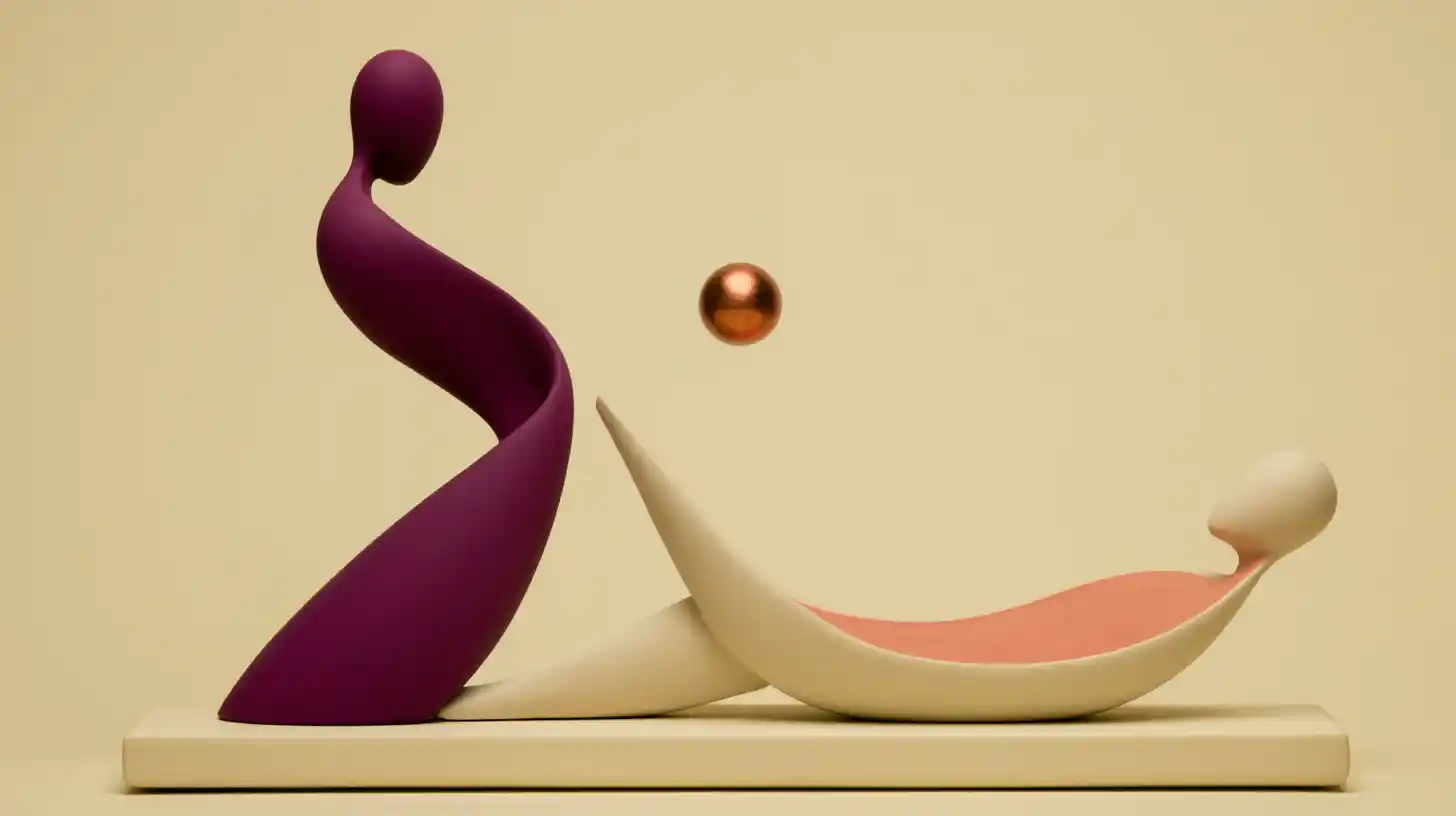 Two different sculptural forms with a copper sphere suspended between them, symbolizing the third system created between two ways of closeness.