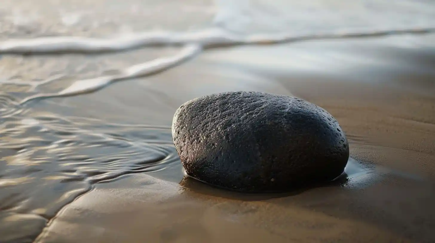 A dark stone at the edge of water and sand, symbolizing a cycle that has not fully closed yet.