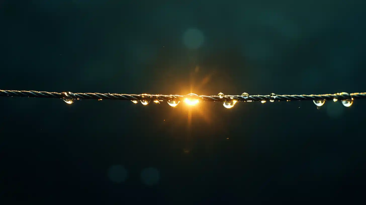 Droplets suspended on a taut line with a bright central point, symbolizing full entry and the cost of total commitment.