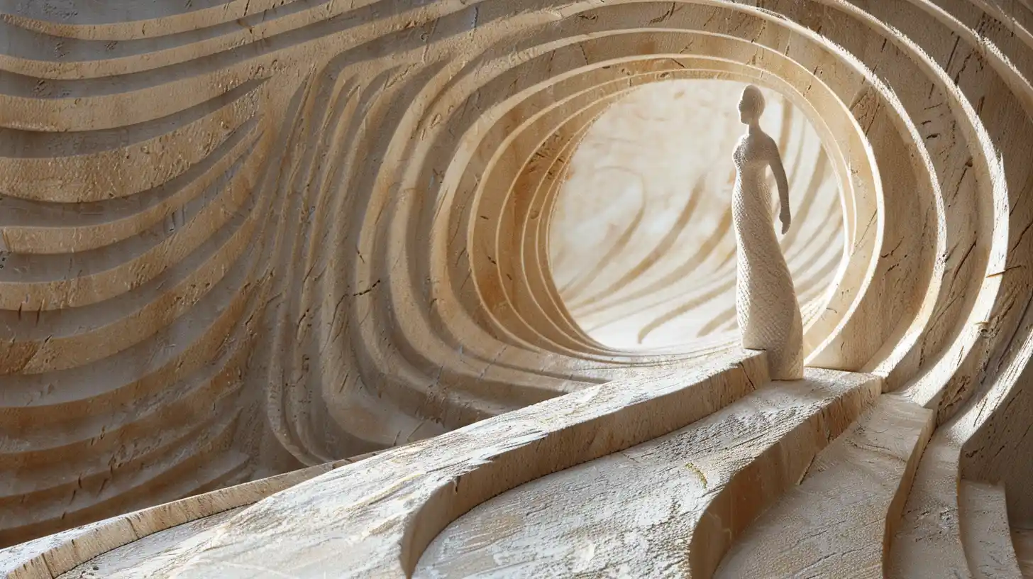 A figure standing inside a wave-like architectural field, symbolizing how presence shapes a room before any words are spoken.