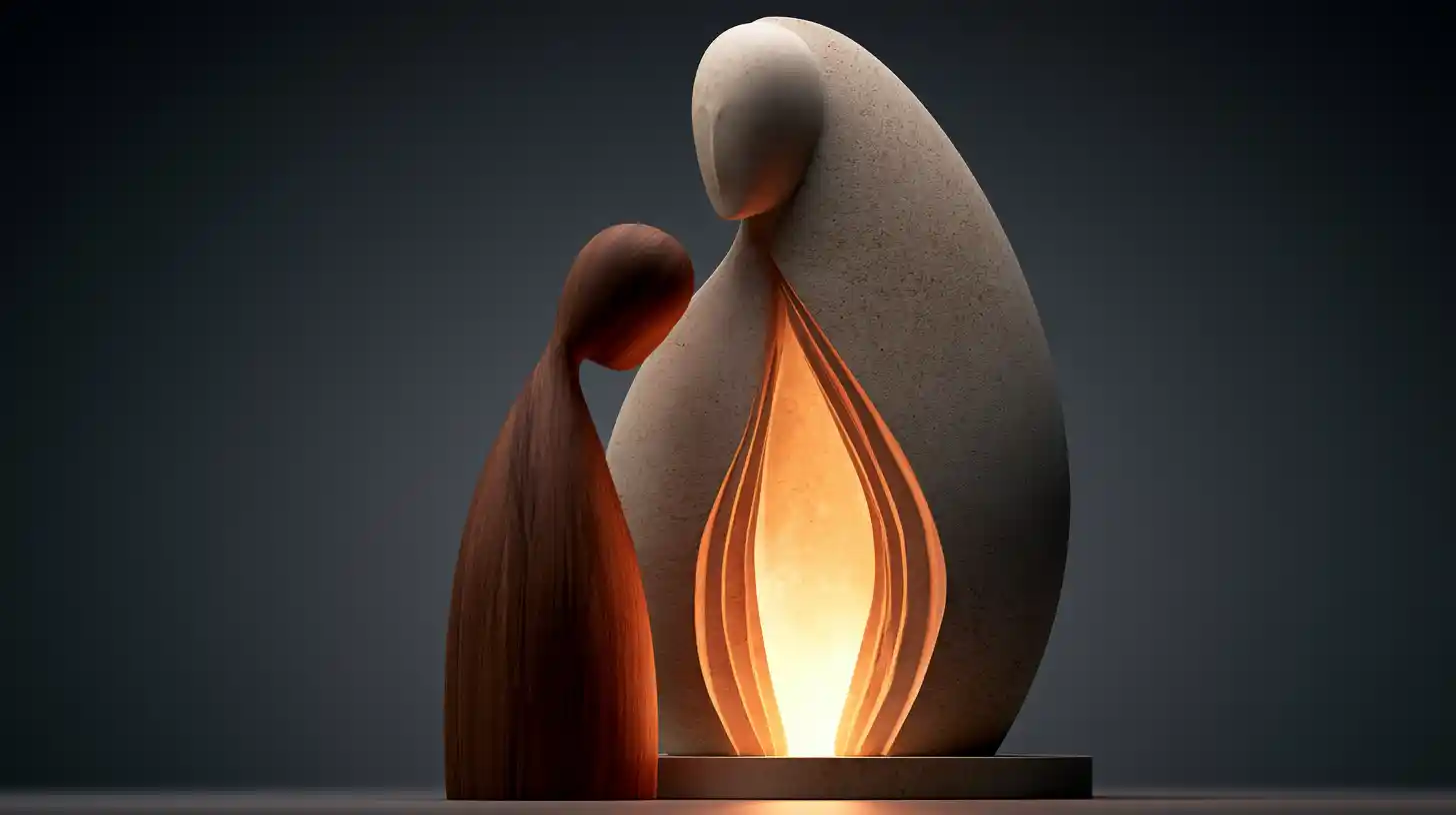Two abstract figures near a warm illuminated threshold, symbolizing the passage from being felt at first to being truly known.